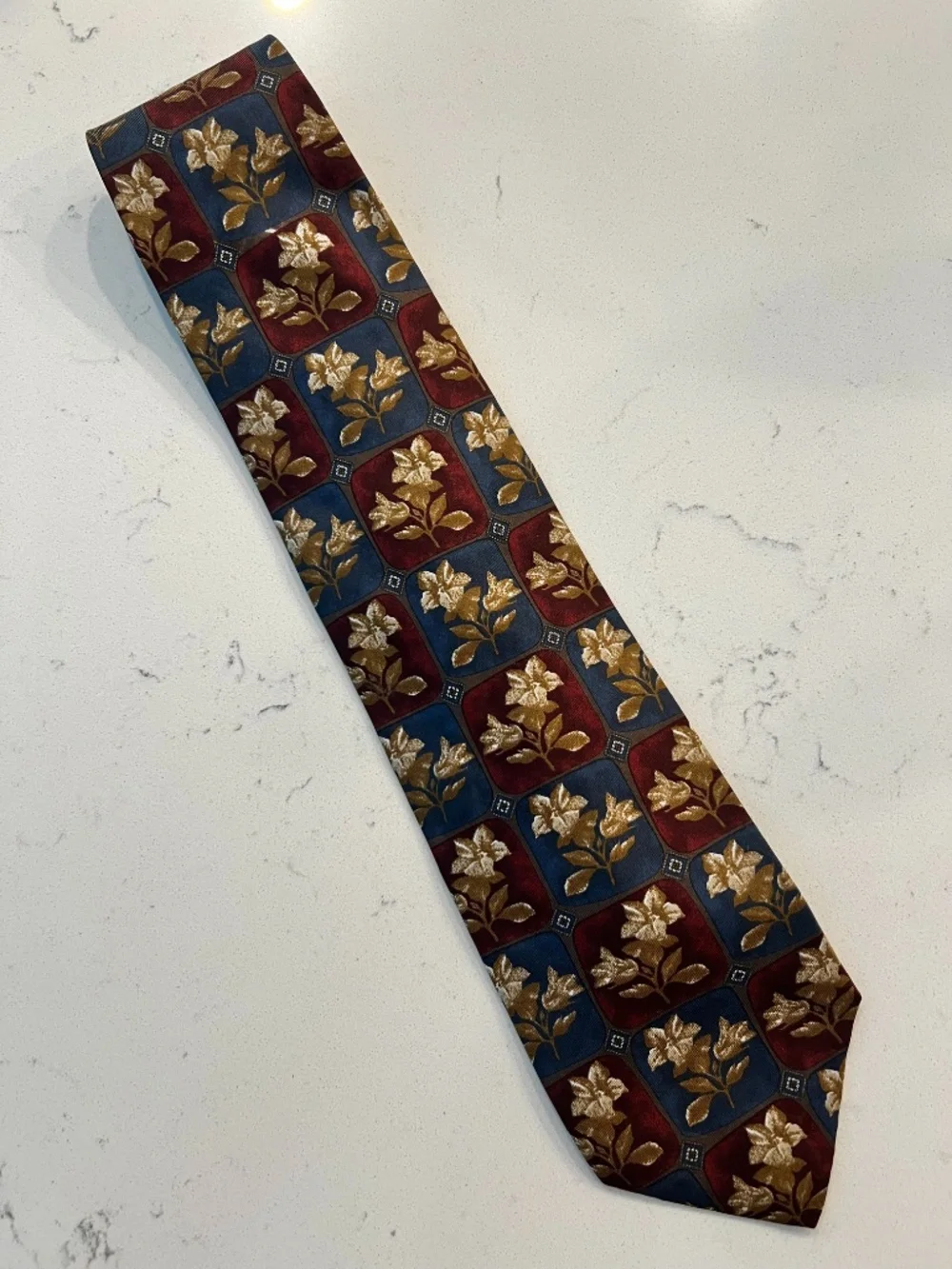 Vintage Boston Traders Beige Floral with Navy and Burgundy Print Silk Tie